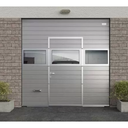 Porte de garage sectionnelle avec portillon, Rangée Double vitrage plexiglass, Panneaux S, Porte sur mesure, Garantie 15 ans.